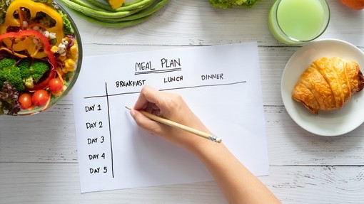 Person writing a meal plan surrounded by some food