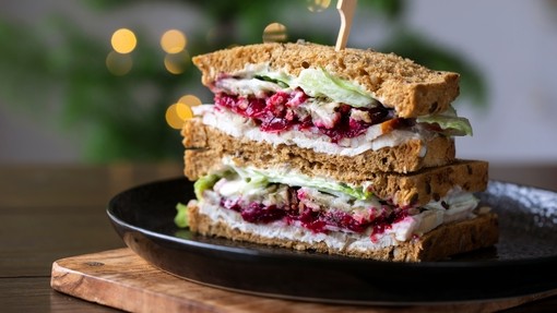 A stack of sandwiches made using Christmas leftovers