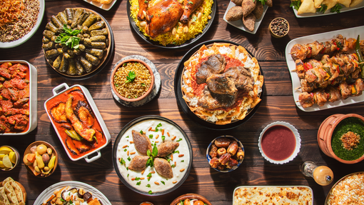 A colourful spread of a variety of food dishes.