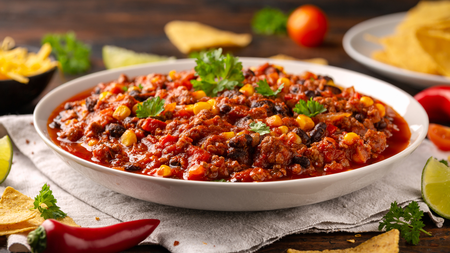 A plate of chilli con carne with green garnish