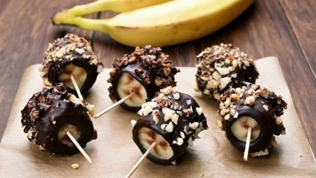 banana pieces coated in hardened chocolate