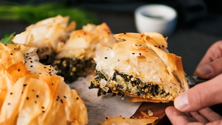 Golden pastry encasing lamb mince, spinach and feta